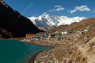 Himalayas. Gokyo Ri, Mountains of Nepal, snow covered high peaks and lake not far from Everest.