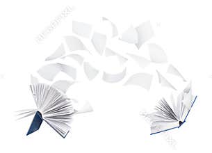 Two blank books with flying pages isolated on white