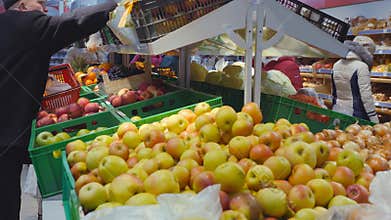 Mtsensk, Russia, 23 December 2017. Editorial - buying fruit in the store. Fresh organic Vegetables and fruits on shelf