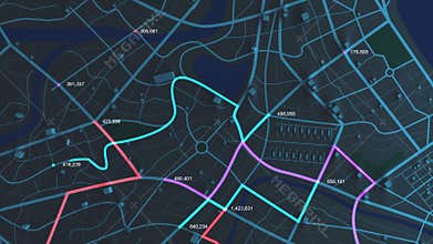 4K animation aerial view of night map with 3d building and destination moving location path with grain processed