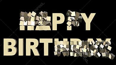 Rotating small 3d gift boxes creating Happy birthday, beautiful multicolored firework on background. Nice birthday party