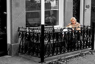 Reading a Book, Street Balcony, Nordic Outdoor Lifestyle, Beautiful Elder Blonde Woman, Amsterdam