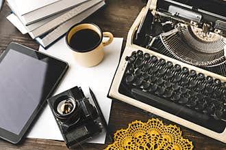 Workplace Of A Journalist, Writer, Blogger. Creative Studio Author Concept. Digital Tablet And Typewriter