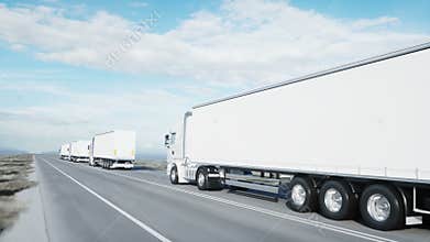 Convoy of white trucks. semi trailer on the road, highway. Transports, logistics concept. 4K realistic animation.