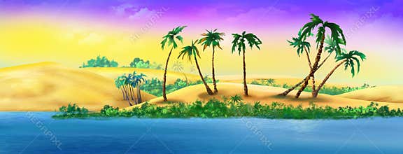 Palm Trees on a Sandy River Bank