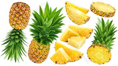 Whole and sliced pineapple isolated on white background