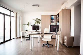 Large angle view. Interior of an empty modern office.