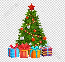 Christmas tree with beautiful balls, decorations. Gifts under christmas tree.