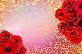 Red roses flower border on soft gold glitter background for valentine or invitation wedding card