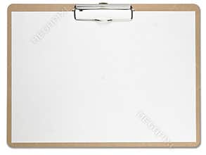Horizontal clipboard with blank white paper.