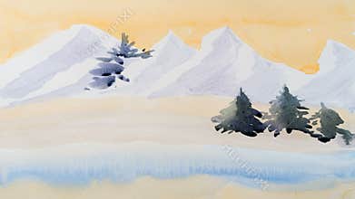 Painting of snowy mountains and fir