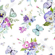 Floral Seamless Pattern with Blooming Flowers and Flying Butterflies. Watercolor Nature Background for Fabric, Wallpaper