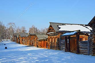 Taltsy, Irkutsk region, Russia, March, 02, 2017. Architectural ethnographic museum Taltsy. Internal courtyard of the farm of Nepom