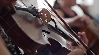 Close-up wooden violin with fiddle-bow, musician plays in the orchestra