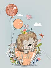Cute lion on cup with balloons