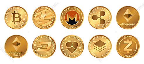 Cryptocurrency logo set - bitcoin, litecoin, ethereum, ethereum classic, monero, ripple, zcash dash stratis nem. Golden