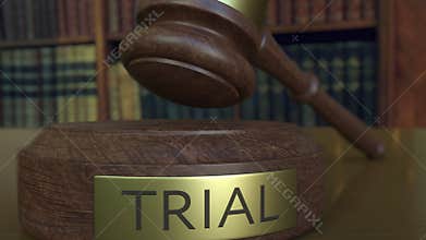 Judge`s gavel falling and hitting the block with TRIAL inscription