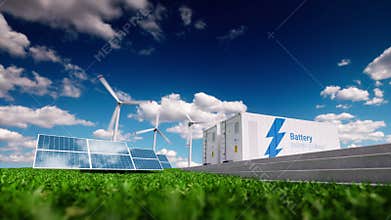 Battery energy storage facility made of shipping containers. 3d