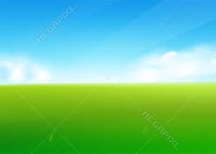 Spring field nature background with green grass landscape, clouds, sky