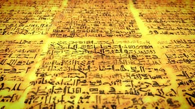 Ancient script, old scroll with unknown letters, pan fly over
