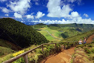Couple of tourists traveling in Sete Cidades, 30 july 2017