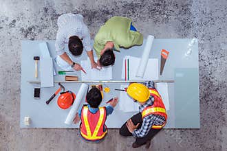 Construction team work, They`re talking about new project, Top v