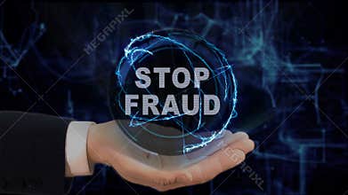 Painted hand shows concept hologram Stop fraud on his hand