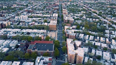 Aerial view of New York, Brooklyn, Dumbo. Residental and financial business buildings from above.