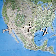Fun Colorful North America USA travel map with airplanes
