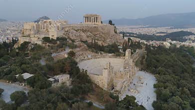 Aerial view of Odeon of Herodes Atticus and Acropolis of Athens ancient citadel in Greece