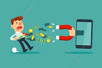 large magnet from smart phone screen attract money from a businessman
