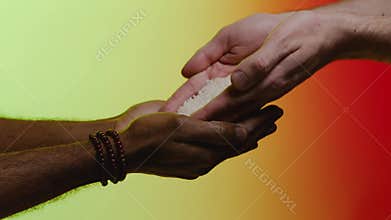 Support concept. Stock. Empathy, compassion, help, kindness. Humanitarian assistance to African countries. Hands pour