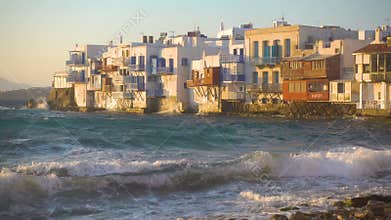 Little Venice in Mykonos Island at sundown