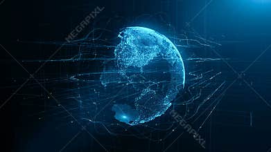 Digital data globe - abstract 3D rendering of a scientific technology data network surrounding planet