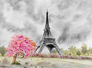 Paris European city. France, eiffel tower watercolor painting.