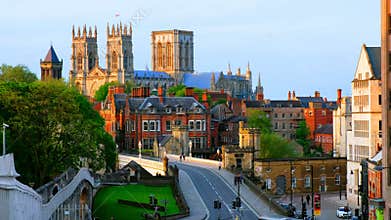 Evening view in the center of York, UK, with York Minster cathedral