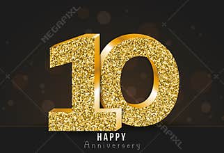 10 - year happy anniversary banner. 10th anniversary gold logo on dark background.