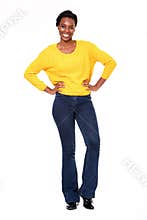 Full body confident happy black woman standing on white background