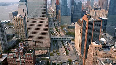 Aerial view of Lower Manhattan, financial and business district, New York City. Drone shot.