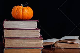 Stacked Books with Pumpkin Still-life