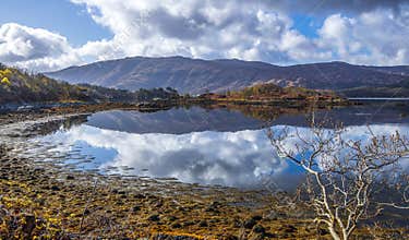 A beautiful mirror image of the sky at Loch Sunart in the Highlands of Scotland