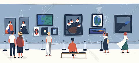 Visitors of classic art gallery or museum viewing exhibits. People or tourists looking at paintings at exhibition. Men