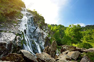 Majestic water cascade of Powerscourt Waterfall, the highest waterfall in Ireland.