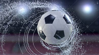 Soccer ball flies emitting whirl of water drops, 4k 3d animation
