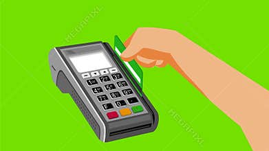 Hand swiping credit card on pos terminal 2d animation