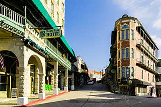 Basin Park Hotel and Flatiron Building on the winding streets of historic downtown Eureka Springs, Arkansas
