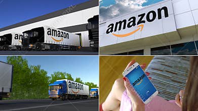 Montage collection of Amazon.com company related business activity. Editorial animation