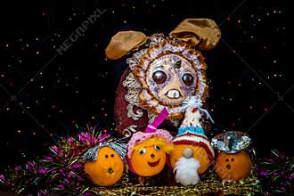 Festive orange on a dark background with colorful bulbs.