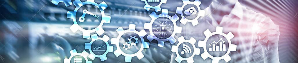 Automation technology and smart industry concept on blurred abstract background. Gears and icons. Website header banner
