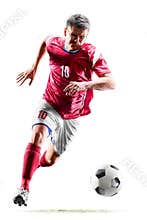 One caucasian soccer player man isolated on white background